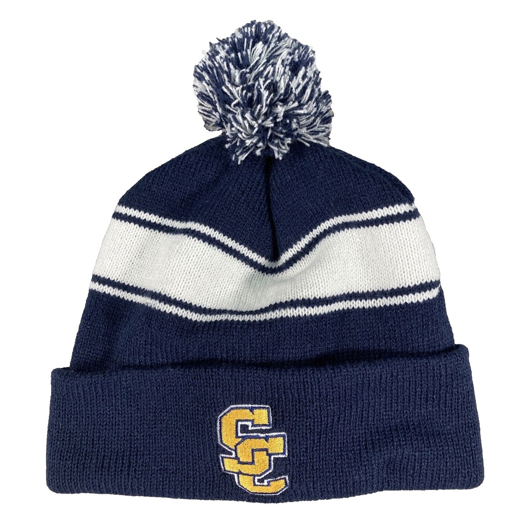 SC Embroidered Pom Striped Knit Hat Sport-Tek Beanie Unisex OS Navy Blue